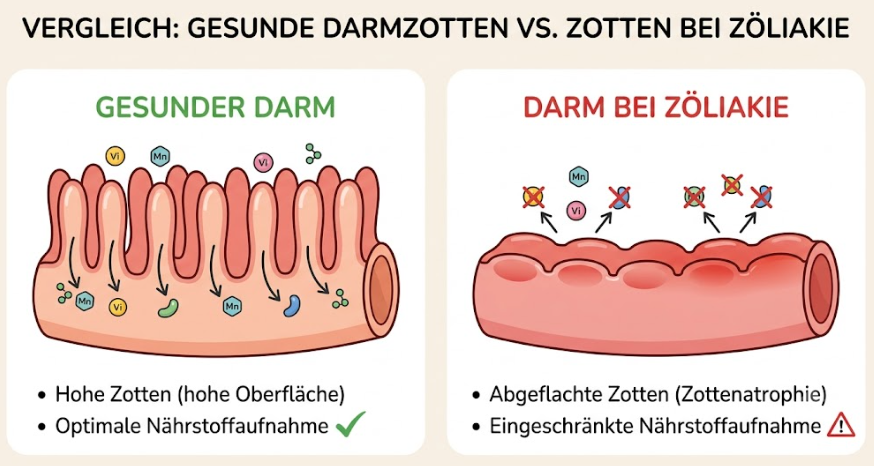 Gesunde Darmzotten vs Darmzotten mit Zottenathropie