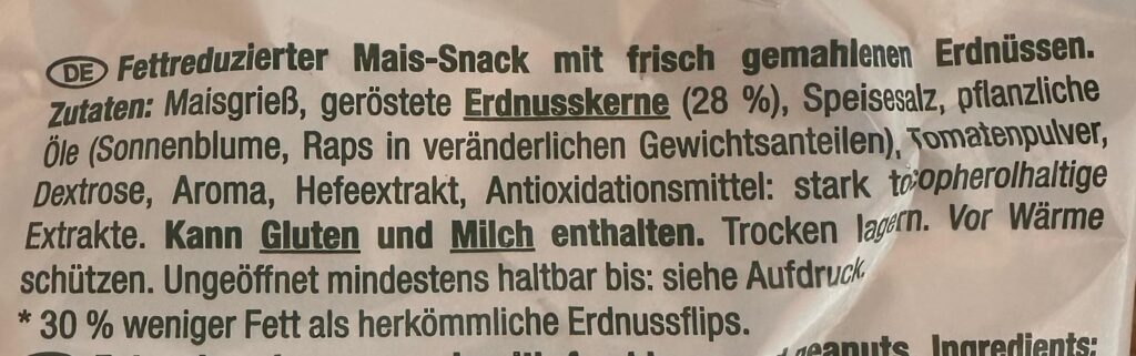 Zutatenliste Erdnussflips mit Kann Spuren von Gluten enthalten